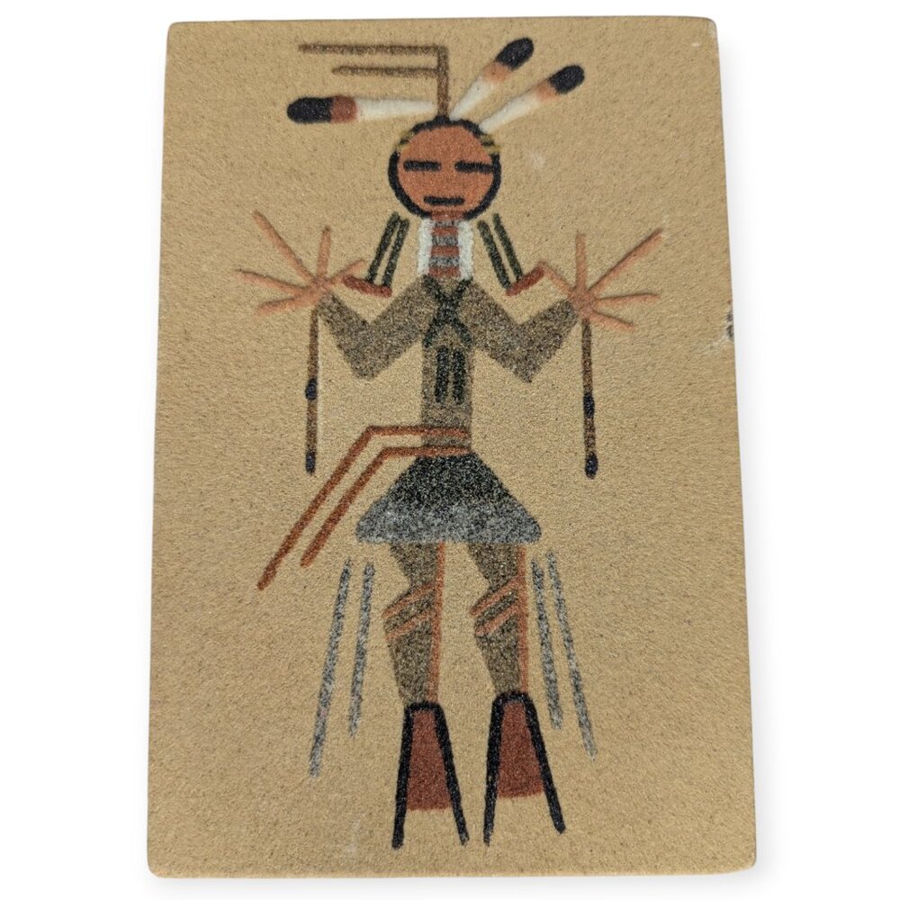 Native American Sand Art Painting "Healing God" Signed 3" x 6" New Mexico